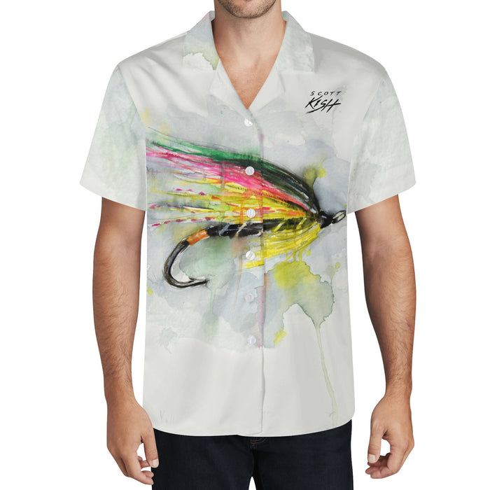Men's Fishing Hawaiian Shirt - Yellow Bundle Hairwing Streamer Fly