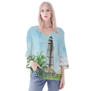 Sanibel Island Lighthouse Beach Puff Sleeve Blouse