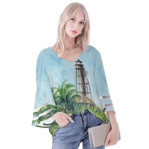 Sanibel Island Lighthouse Beach Puff Sleeve Blouse