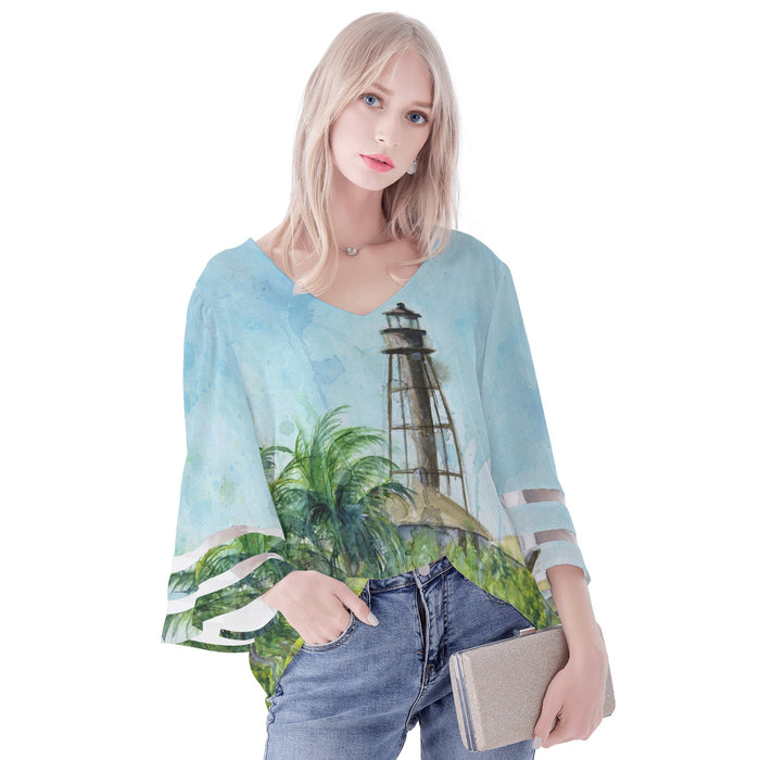 Sanibel Island Lighthouse Beach Puff Sleeve Blouse