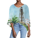Sanibel Island Lighthouse Beach Puff Sleeve Blouse